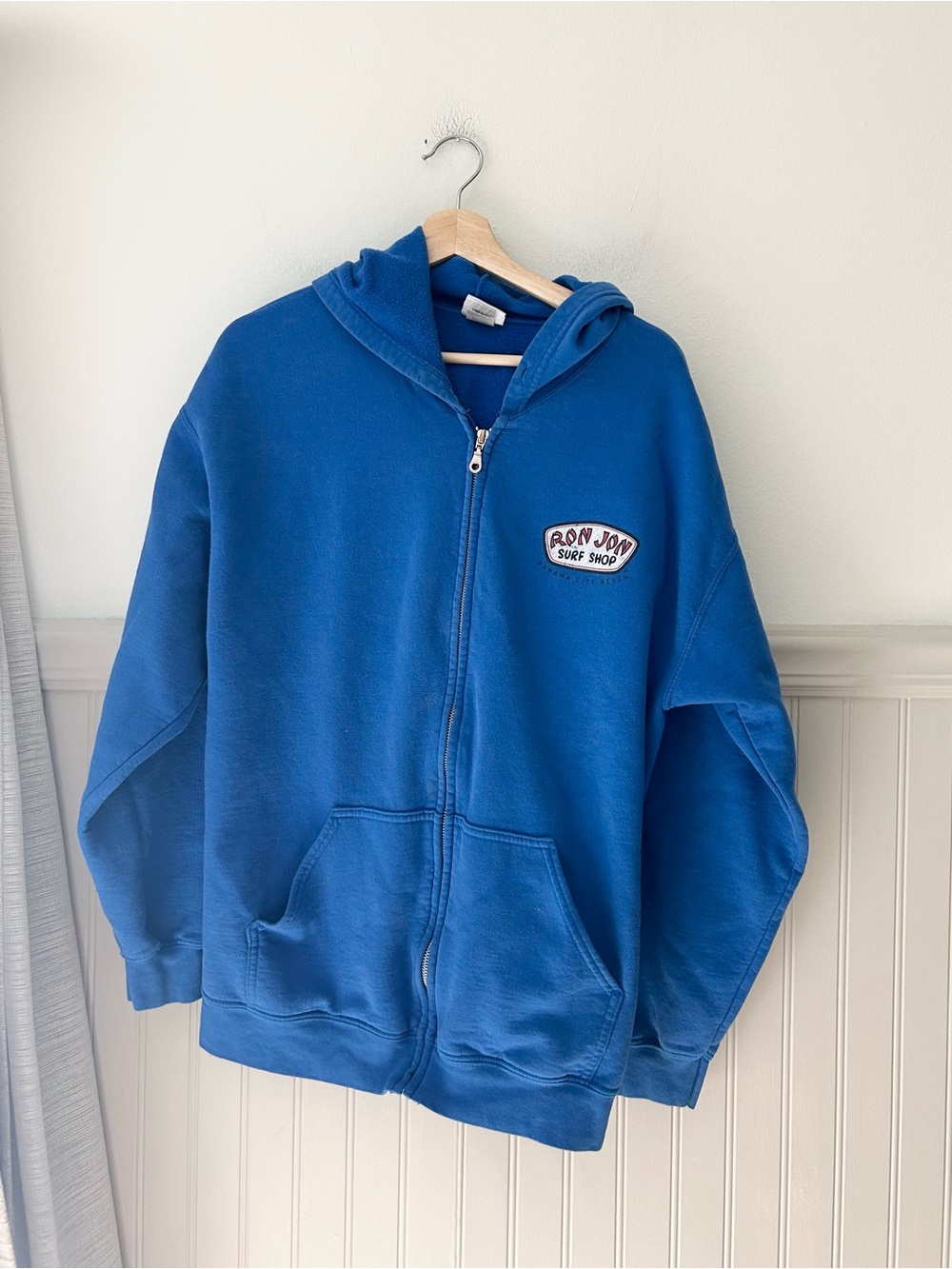 Ron Jon Large Blue Zip-Up Hoodie with Graphic Logo Patch Surf Sweatshirt